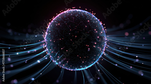 Neon sphere quantum energy glowing particles cosmic network blue streaks dark background futuristic science abstract physics digital art dynamic