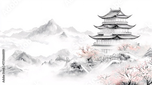 Wallpaper Mural Landscape Map of Ancient Wind, Mountains, Rivers, Pavilions and Towers Torontodigital.ca