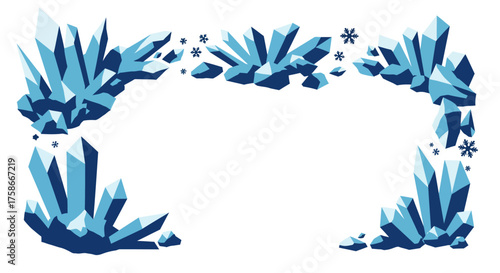 Geometric ice crystal frame with snowflakes on white background