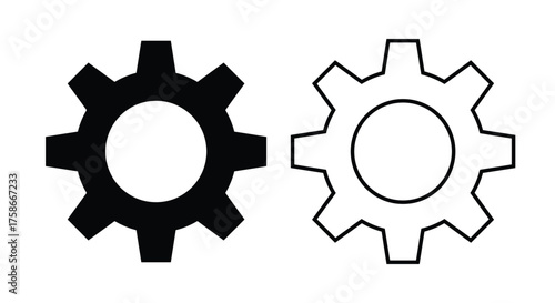 Solid and outline gear (cogwheel) icons side by side on a white background. This vector symbol represents settings, maintenance, mechanical system, process, configuration, engineering, technical tools