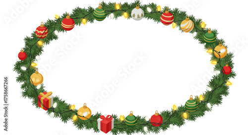 Festive christmas wreath with ornaments and lights on pine branches