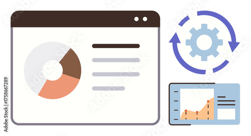 Pie chart, line graph, gear with rotation arrows in minimal design. Ideal for data analysis, business, workflow, progress, optimization statistics performance tracking. Simple flat metaphor