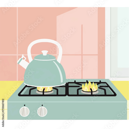 A charming vector illustration of a light blue kettle boiling water on a lit gas stove, a cozy and minimalist kitchen scene