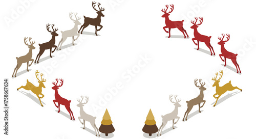 Isometric festive reindeer pattern with evergreen trees in geometric arrangement