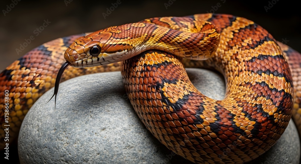 Obraz premium Beautiful orange red corn snake flicking tongue coiled rock snake reptile scales wildlife pet exotic nature closeup animal pattern textured