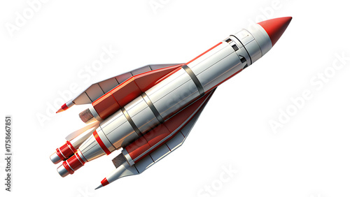 Fototapeta Naklejka Na Ścianę i Meble -  Rocket ship, retro-futuristic with red and white accents, cutout, PNG, isolated on white or transparent background, AI