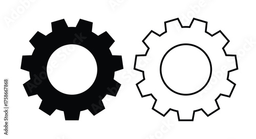 Solid and outline gear (cogwheel) icons side by side on a white background. This vector symbol represents settings, maintenance, mechanical system, process, configuration, engineering, technical tools