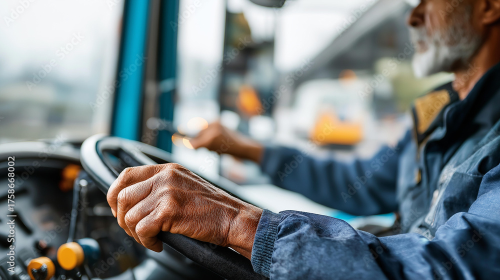 Obraz premium Senior tow truck operator's weathered hands on steering wheel towing controls visible disabled vehicle being towed defocused in mirrors roadside assistance service vehicle