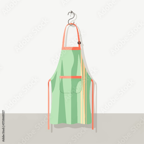 Illustration of a green striped apron with orange trim and pocket hanging on a hook against a white background with a shadow