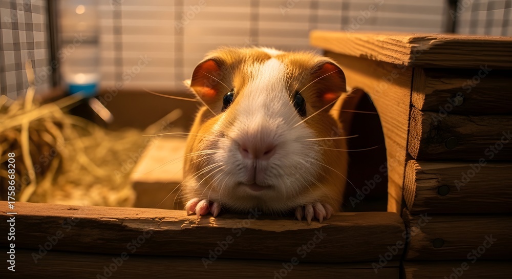 Obraz premium Cute guinea pig peeking curiously from its wooden house guineapig pet rodent cavy animal home house adorable cute furry small mammalian domestic