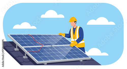 Technician installing solar panels on rooftop under blue sky with clouds