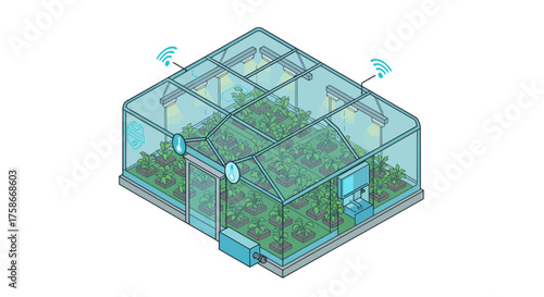 Smart greenhouse with wireless connectivity and automated plant management in isometric design