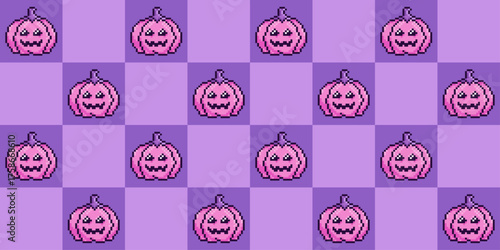 Seamless pastel pixel 8 bit pattern with pink pumpkins on a purple checkerboard background. Kawaii spooky Halloween design perfect for textiles, wrapping paper, wallpapers, and digital projects.