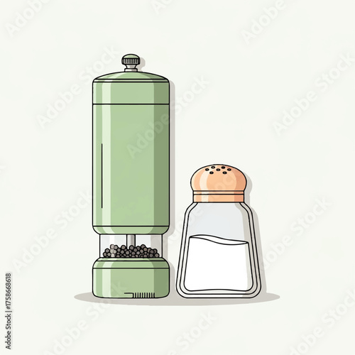 Illustration of a green pepper mill and a salt shaker for kitchenware designs