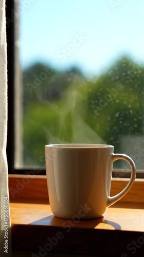 Steaming cup beside window with natural light and blurred green background