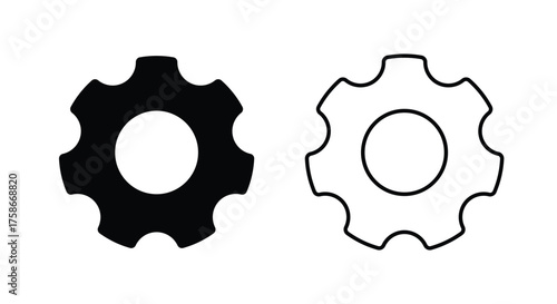 Solid and outline gear (cogwheel) icons side by side on a white background. This vector symbol represents settings, maintenance, mechanical system, process, configuration, engineering, technical tools