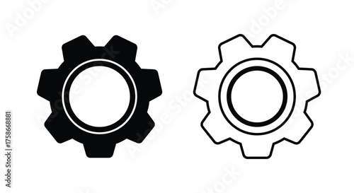 Solid and outline gear (cogwheel) icons side by side on a white background. This vector symbol represents settings, maintenance, mechanical system, process, configuration, engineering, technical tools