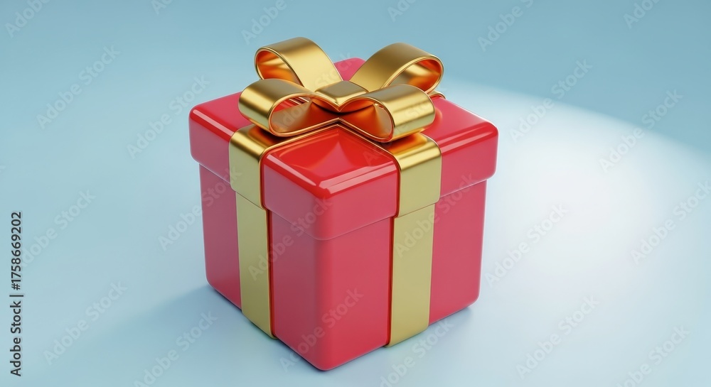 Fototapeta premium A festive red gift box with a golden ribbon bow on a light blue background