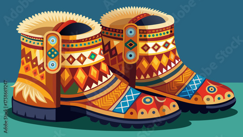Very beautiful traditional warm boots of the indigenous peoples of the north, richly decorated with deer fur and intricate national patterns, representing authentic Arctic craftsmanship, heritage, and