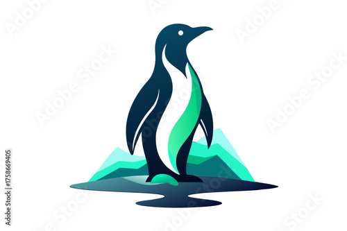 Stylized penguin silhouette on iceberg isolated on white background