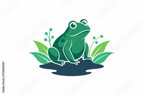 Green frog sitting in water with plants silhouette isolated on white background