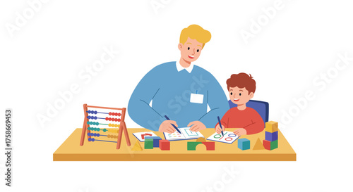 Teacher helping child with learning activities at classroom desk