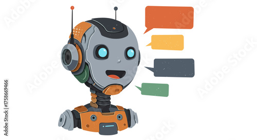 Cute futuristic robot with colorful speech bubbles in flat style