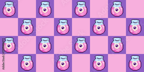 Seamless pastel pixel 8 bit pattern featuring potion bottles with eyes on a pink and purple checkerboard background. Kawaii spooky Halloween design ideal for fabrics, wrapping paper, and prints