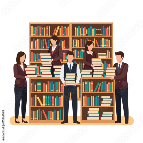 Diverse group of people actively engaged with books in a library setting