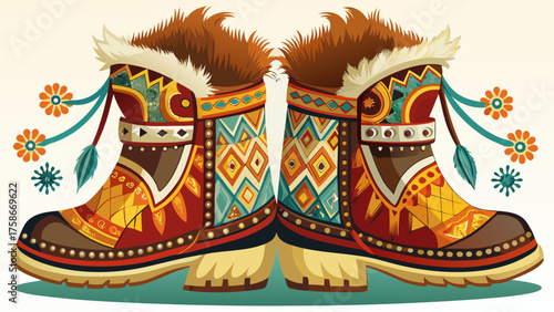Very beautiful traditional warm boots of the indigenous peoples of the north, richly decorated with deer fur and intricate national patterns, representing authentic Arctic craftsmanship, heritage, and
