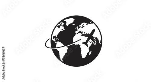Global travel icon with airplane silhouette orbiting earth