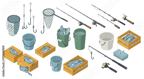 Isometric fishing gear collection with hooks, nets, rods, and fish in buckets and crates