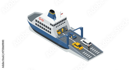Isometric ferry with vehicles boarding ramp in modern design