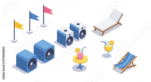 Isometric beach party icons with speakers, flags, and lounge chairs