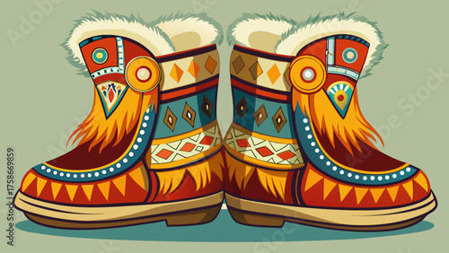 Very beautiful traditional warm boots of the indigenous peoples of the north, richly decorated with deer fur and intricate national patterns, representing authentic Arctic craftsmanship, heritage, and