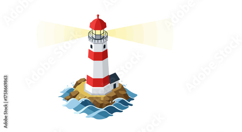 Isometric lighthouse on rocky waves with beacon light in colorful 3d design