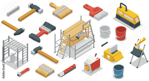 Isometric construction and painting tools set with scaffolding and brushes