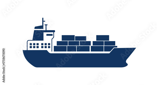 Minimalist cargo ship carrying containers on white background