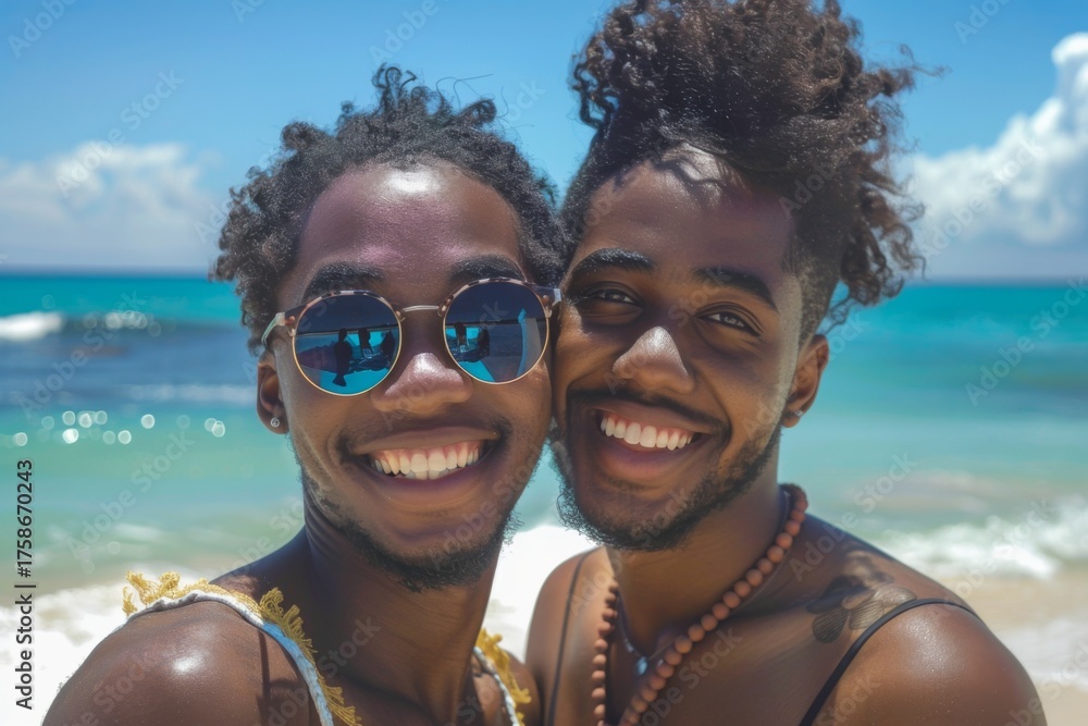 Obraz premium Two young men smiling together at the beach