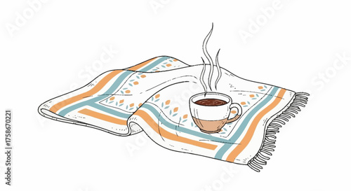Cozy coffee break illustration featuring a steaming cup on a patterned blanket, perfect for promoting relaxation, wellness, and simple pleasures in life.