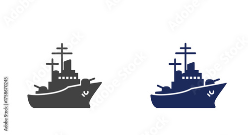 Military ship silhouette icons in flat style: warship vector set for nautical and navy designs