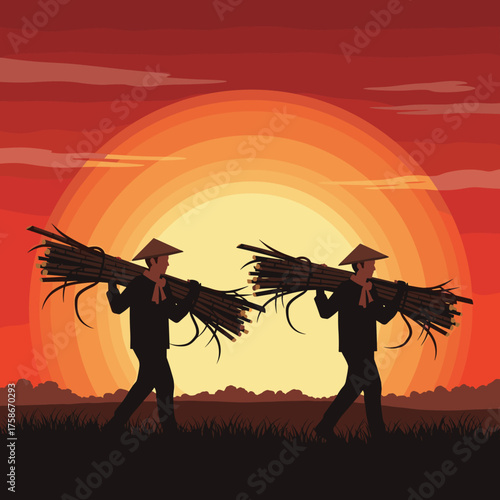 Two Farmers Carrying Harvested Crops Under a Vibrant Sunset Sky