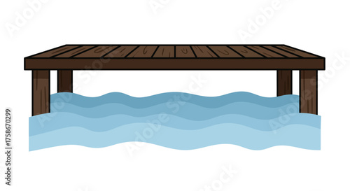 Wooden pier above wavy water in minimalist cartoon design