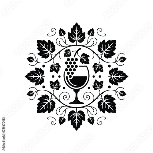 Elegant vintage wine emblem with grapes and leaves in circular design