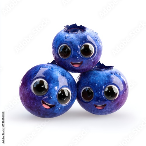 Three happy cartoon blueberries piled together glistening with water droplets