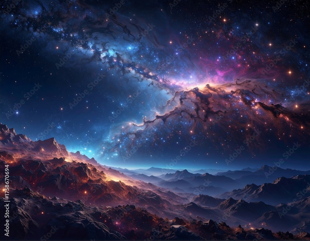 Naklejka premium Dramatic view showcasing a nebula above a fiery mountain landscape