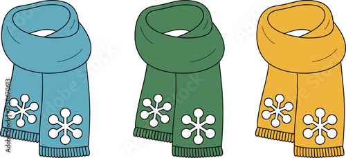 Winter scarf vector set, folded blue, green, yellow scarves with snowflake pattern, seasonal fashion accessory illustration for holiday design