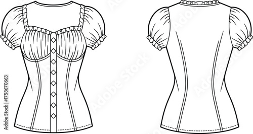 Women’s blouse fashion illustration, puff sleeve top with square ruffled neckline, front and back technical view, garment construction vector sketch