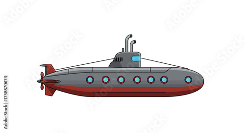 Modern cartoon submarine with portholes on white background