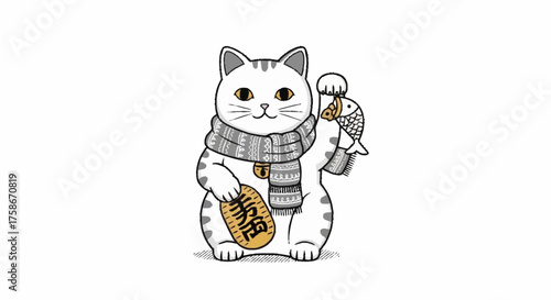 Adorable Maneki Neko Illustration for Cultural Celebrations and Artistic Design Projects Representing Japanese Folklore and Symbolism